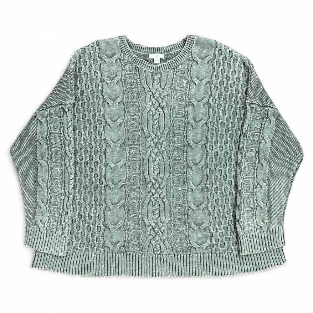 J.Jill Women’s Relaxed Stonewash Grey 3D Coogi Style Cable-Knit Sweater Size XL